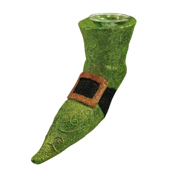 Halloween Witchs Boot Tealight Candleholder Green Black Orange Glitter Swirl New - Picture 2 of 7